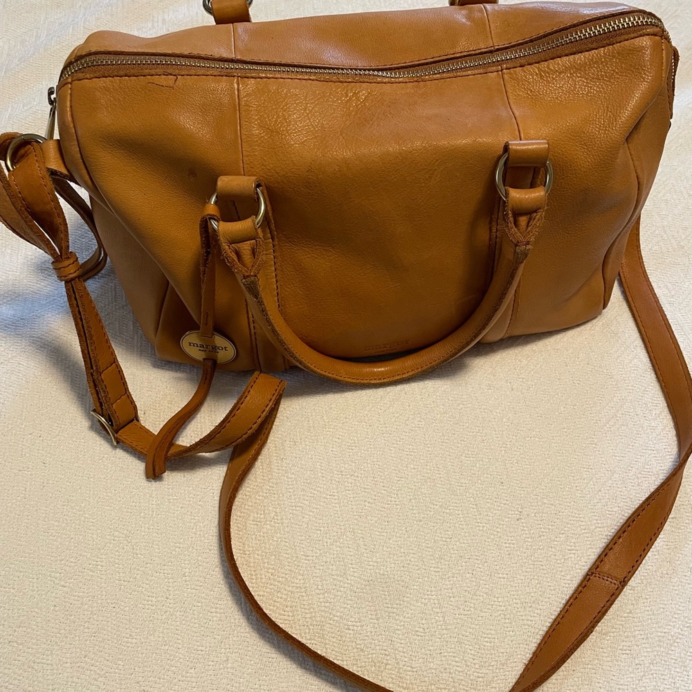 Tan Soft Leather Shoulder Bag with Adjustable Strap and Brass Accents